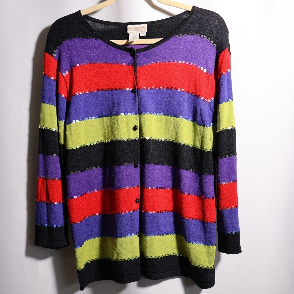 Vintage Color Block‎ Striped Silk Blend Sequin Embroidered Cardigan M Artsy Boho